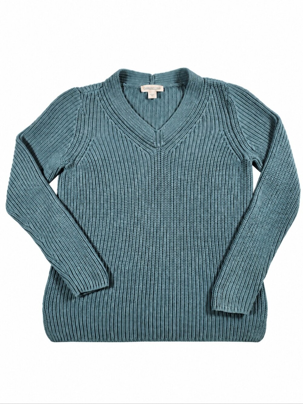 Coldwater Creek Cabled V-Neck Shaker Knit Sweater Teal S 100% Cotton